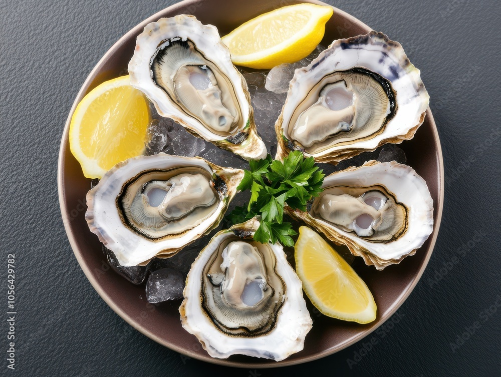 Fresh oysters on ice served with lemon slices, garnished with parsley for a delightful seafood experience. Fresh oysters on ice served with lemon slices, garnished with parsley for a delightful seafood experience.