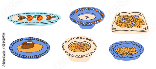 Set of Italian dishes. Pasta, tomatoes with mozzarella, ravioli. Colorful bright vector illustration in modern style