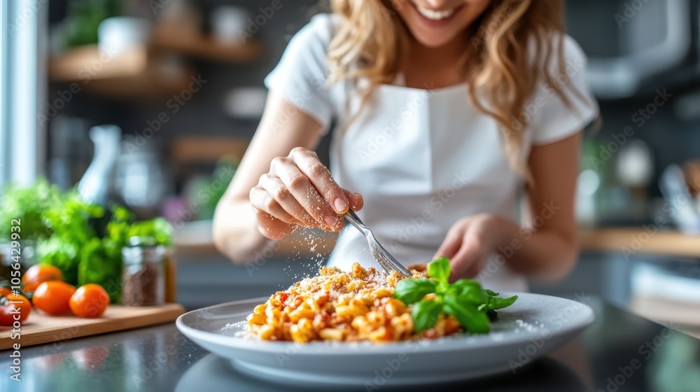 A smiling woman in a home kitchen garnishes a pasta dish with fresh herbs, representing home-cooked joy and culinary passion in a bright, inviting space. A smiling woman in a home kitchen garnishes a pasta dish with fresh herbs, representing home-cooked joy and culinary passion in a bright, inviting space.