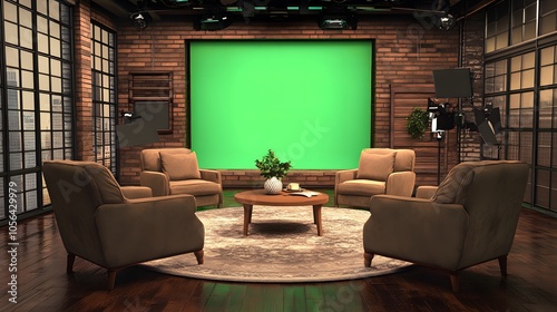 living room with a fireplace Room for shooting with green screen
