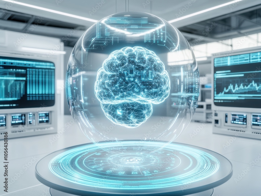 Futuristic display of a glowing brain within a glass sphere, symbolizing technology and artificial intelligence in a modern laboratory. Futuristic display of a glowing brain within a glass sphere, symbolizing technology and artificial intelligence in a modern laboratory.