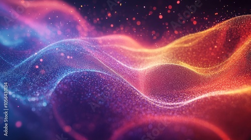 Abstract wave of vibrant particles, glowing with blue and orange colors, on a black background.