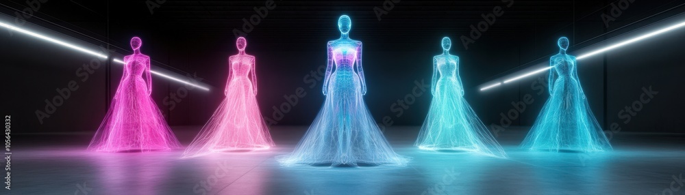 Futuristic holographic figures in vibrant colors stand elegantly, showcasing modern fashion with a tech-inspired twist. Futuristic holographic figures in vibrant colors stand elegantly, showcasing modern fashion with a tech-inspired twist.