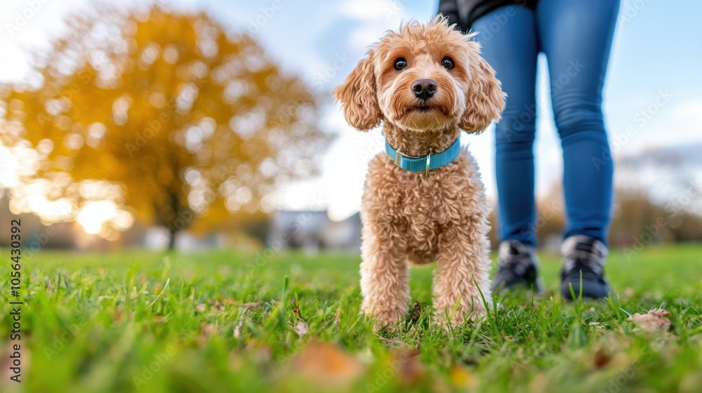A small brown dog with a blue collar stands on green grass beside its owner, enjoying a picturesque autumn setting with a tree and clear skies in the background. A small brown dog with a blue collar stands on green grass beside its owner, enjoying a picturesque autumn setting with a tree and clear skies in the background.