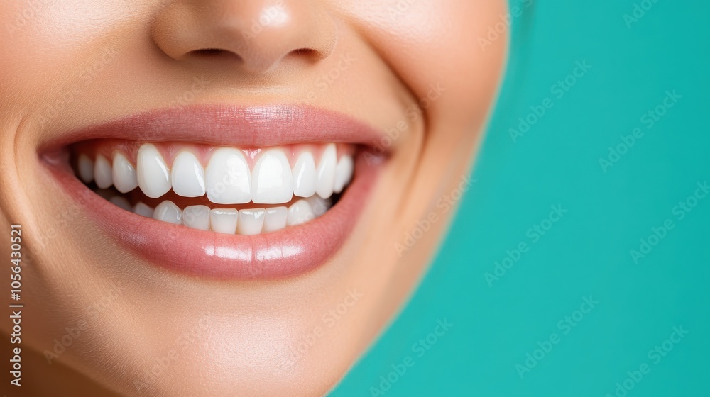 Obraz premium A close-up shot of a woman with a radiant smile, showcasing her perfectly aligned white teeth against a vibrant turquoise background, exuding confidence and joy.