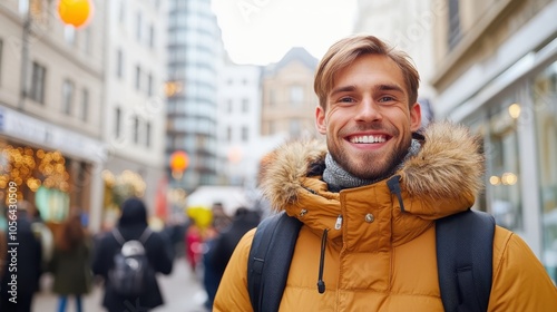 A young man with a bright smile stands in a busy city street, wearing a brown jacket with a fur hood. He seems to be enjoying his day, capturing urban life. photo