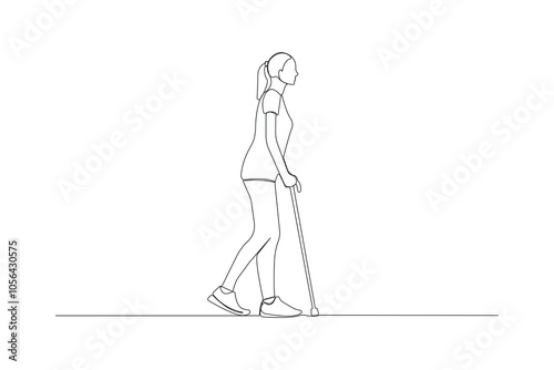 Blind woman walking with cane continuous one-line art drawing. Vector illustration.