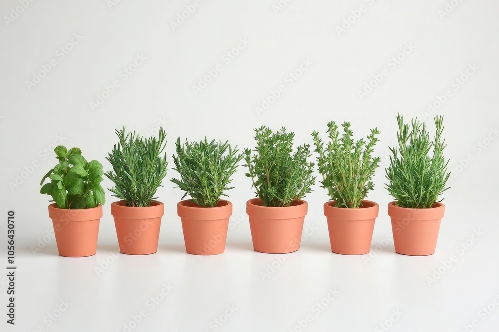 A row of potted herbs in terracotta pots, showcasing various green plants for culinary use. A row of potted herbs in terracotta pots, showcasing various green plants for culinary use.