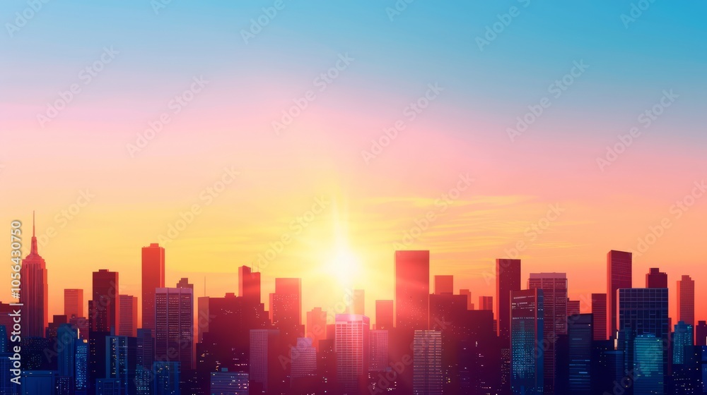Vibrant City Skyline at Sunset with Towering Structures Vibrant City Skyline at Sunset with Towering Structures