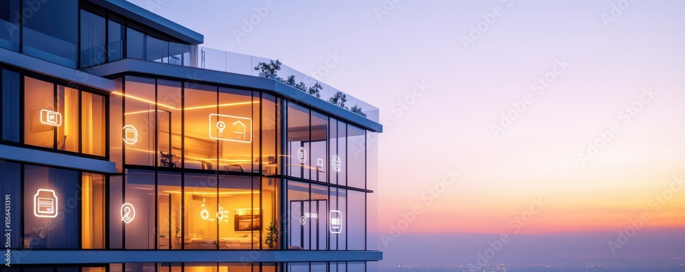 Fototapeta premium Modern building exterior with large windows, illuminated interior, and stunning sunset sky creating a serene atmosphere.