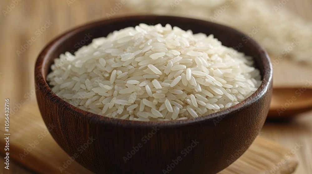 Close-Up of Cooked White Rice in a Wooden Bowl Close-Up of Cooked White Rice in a Wooden Bowl
