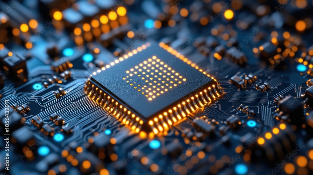 Close-up of a glowing CPU chip on a circuit board, representing the power and complexity of modern technology. Close-up of a glowing CPU chip on a circuit board, representing the power and complexity of modern technology.