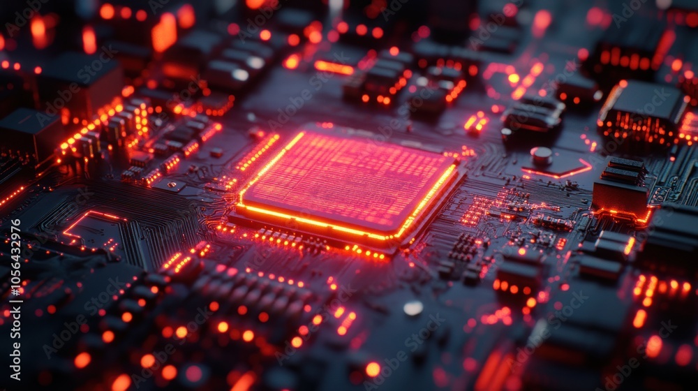 A close-up of a glowing red CPU on a circuit board. A close-up of a glowing red CPU on a circuit board.