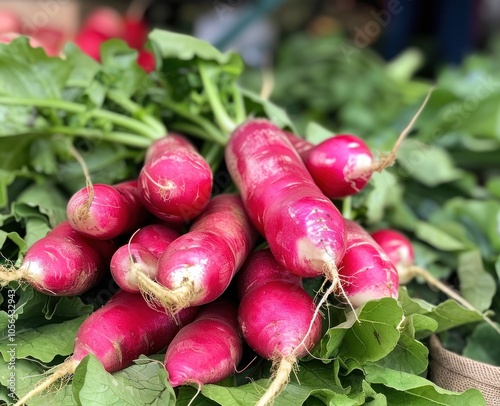 Red radishes, which can be seen in close up at the farmer's market