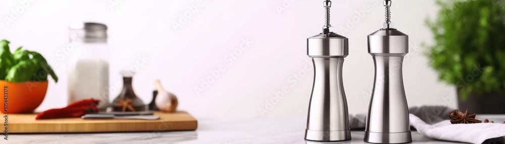 Stylish salt and pepper shakers on a kitchen countertop with fresh ingredients, perfect for culinary and home decor inspiration.