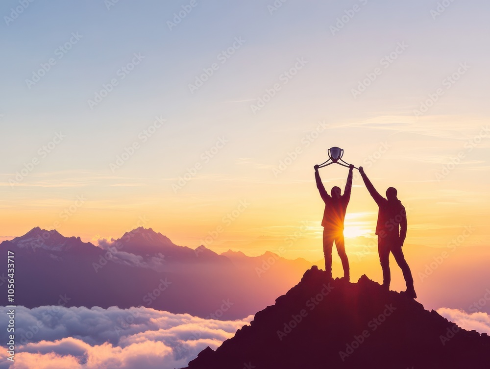 Two hikers celebrate their achievement on a mountain peak during a stunning sunset, symbolizing victory and adventure. Two hikers celebrate their achievement on a mountain peak during a stunning sunset, symbolizing victory and adventure.