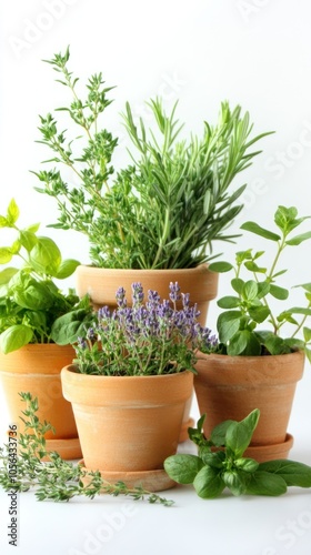 A collection of potted herbs including lavender, rosemary, and mint, arranged for gardening.