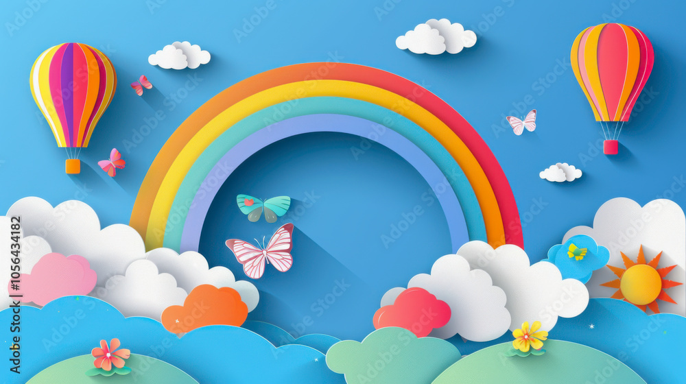Beautiful fluffy clouds on blue sky background with summer sun