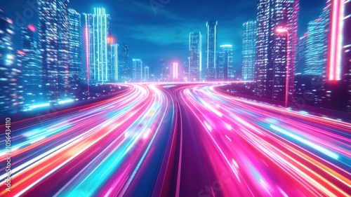 Vibrant cityscape featuring neon lights and fast-moving traffic showcasing urban life and modern technology at night.