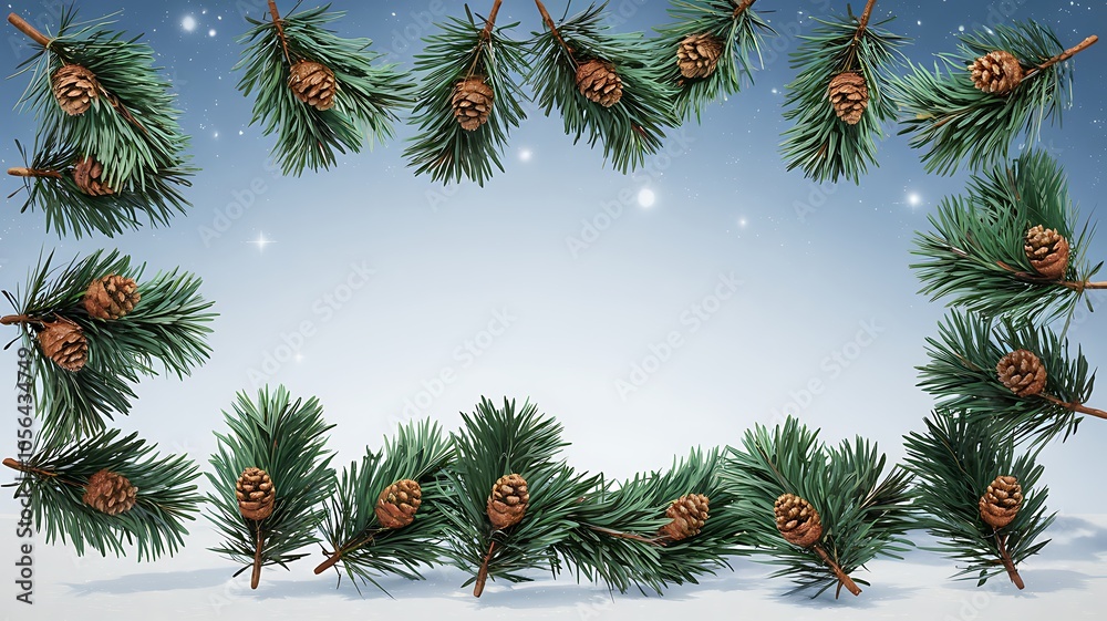 Pine Branches with Cones Against a Blue and White Background Pine Branches with Cones Against a Blue and White Background