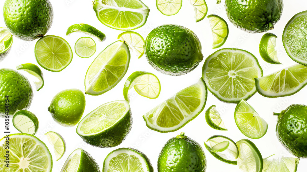 Various falling fresh ripe limi on light white background, horizontal composition Various falling fresh ripe limi on light white background, horizontal composition