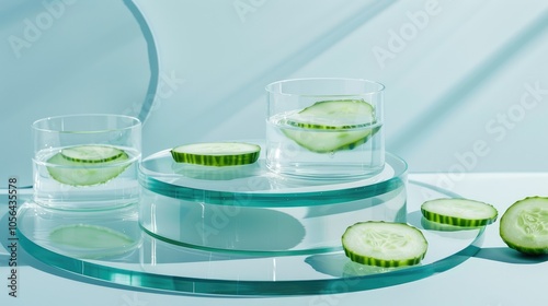 Transparent podium with petri dishes of cucumber slices on blue background for cosmetic product display