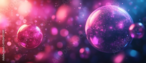 Abstract background with shiny spheres and bokeh lights in pink, purple and blue colors.