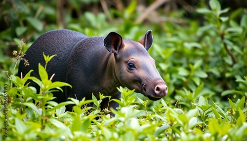 A Tapir in nature. Central America Baird's tapir, Tapirus bairdii, in green vegetation. Close-up portrait of rare animal from Costa Rica High quality HD 4K  Image photo