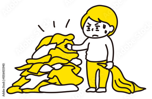 洗濯をしなければいけない山積みの洋服を前に、やる気が削がれている女性（2C）