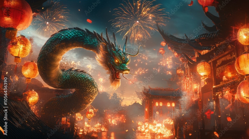 A large, green dragon with glowing eyes is seen flying over a traditional Chinese temple. The temple is adorned with red lanterns, and there is a bright display of fireworks in the night sky. A large, green dragon with glowing eyes is seen flying over a traditional Chinese temple. The temple is adorned with red lanterns, and there is a bright display of fireworks in the night sky.
