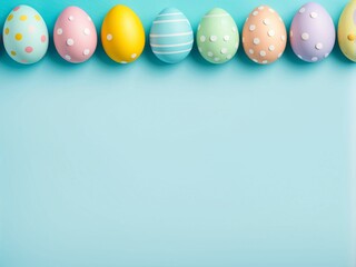 Colorful Easter Egg bottom border over a pastel blue paper banner background. Copy space.