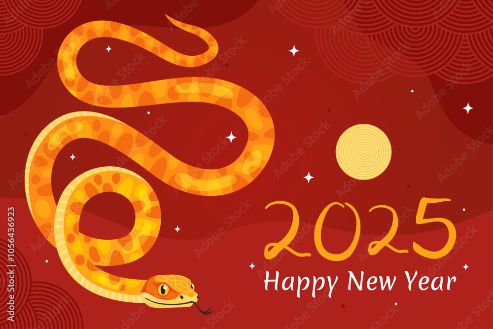 Happy 2025 New Year of the Snake, Lunar New Year or Chinese New Year. Yellow curved snake and full moon on a red background. Greeting card or banner. Zodiac animal cartoon character. Happy 2025 New Year of the Snake, Lunar New Year or Chinese New Year. Yellow curved snake and full moon on a red background. Greeting card or banner. Zodiac animal cartoon character.
