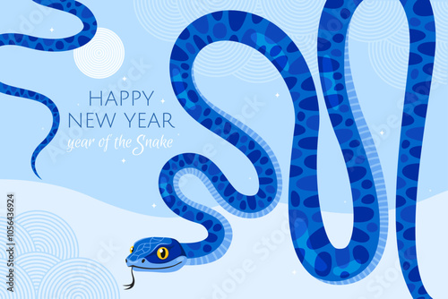 Happy 2025 New Year of the Snake, Lunar New Year or Chinese New Year. Blue curved snake and full moon on a light blue background. Greeting card or banner. Zodiac animal cartoon character.