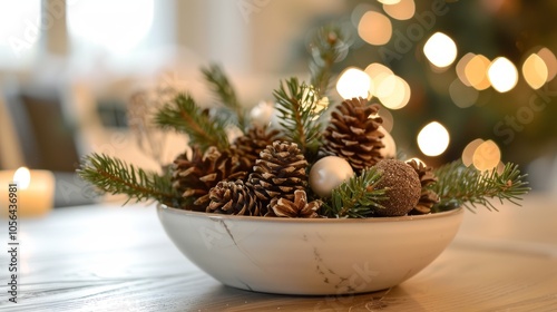 A bowl of pine cones and balls is on a table. The bowl is white and has a marble-like texture. The scene is cozy and warm, with the pine cones