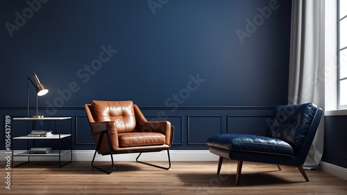 Armchair in a room A sleek, modern living room interior with a rich, dark blue wall that complements the warm, honey-brown wood flooring, where a luxurious, cream-colored leather armchair sits elegan