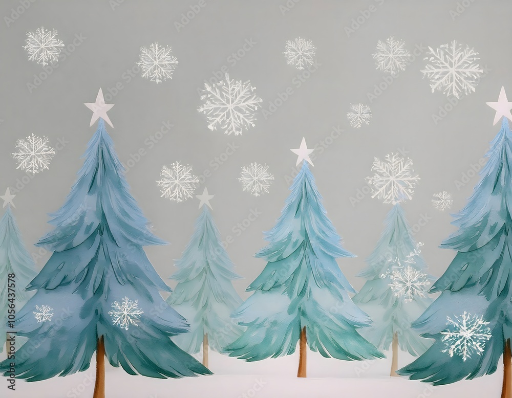 Obraz premium Delicate Christmas tree pattern with delicate snowflakes on a soft pastel background.