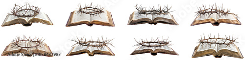 Bible with crowns of thorns. Set of png on transparent background photo