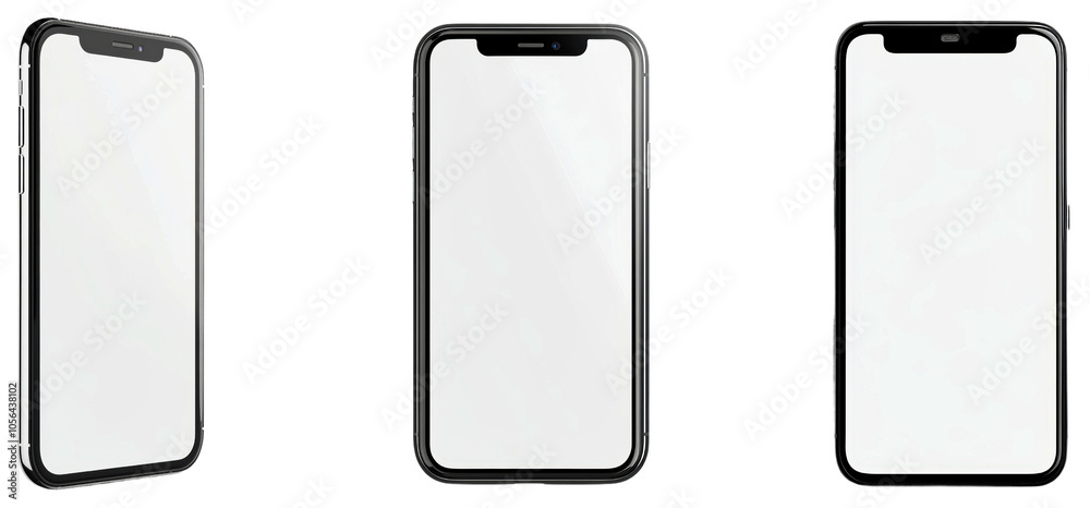 Three blank smartphones displayed in a minimalist setting. Set of png on transparent background Three blank smartphones displayed in a minimalist setting. Set of png on transparent background