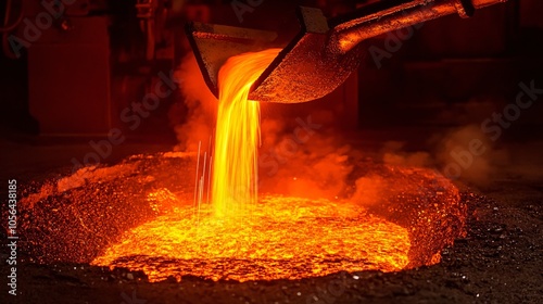 Molten metal pouring from a ladle into a casting mold, showcasing the intense heat and vibrant colors of industrial foundry operations.