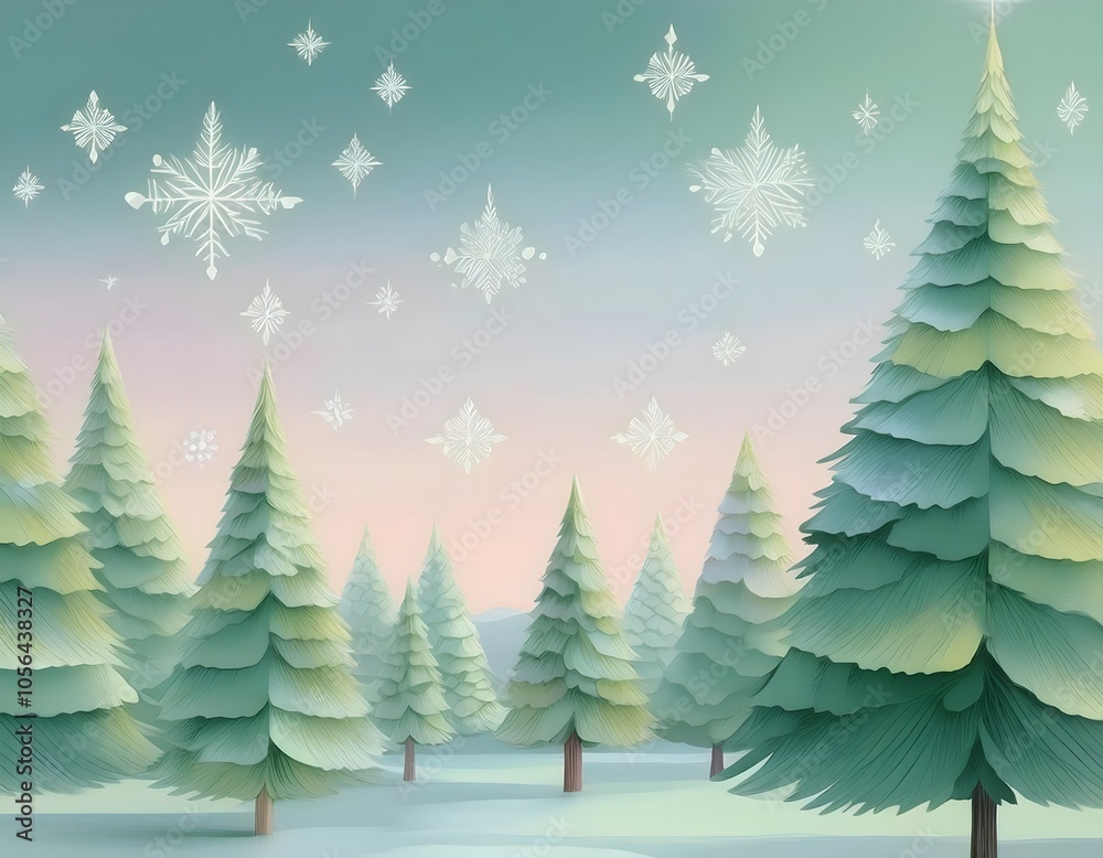 Delicate Christmas tree pattern with delicate snowflakes on a soft pastel background. Delicate Christmas tree pattern with delicate snowflakes on a soft pastel background.