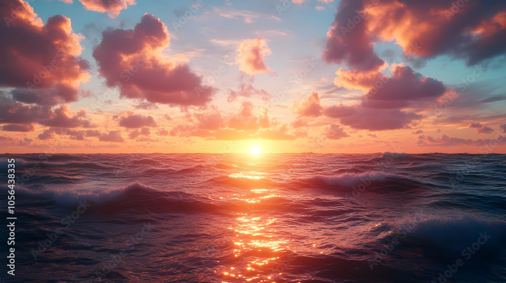 Sunset Over the Ocean Waves - Realistic Image Sunset Over the Ocean Waves - Realistic Image