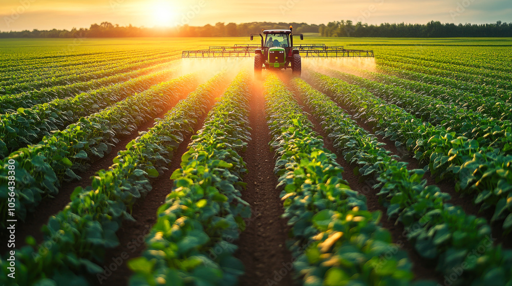 Tractor spraying pesticides on vegetable field with sprayer at spring Tractor spraying pesticides on vegetable field with sprayer at spring