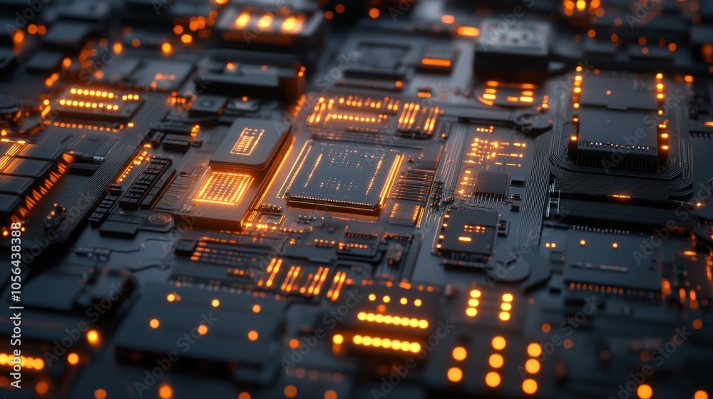 Closeup of a circuit board with glowing orange lights. Closeup of a circuit board with glowing orange lights.