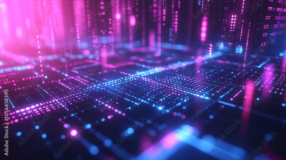 An abstract digital background with glowing lines and dots in pink and blue.