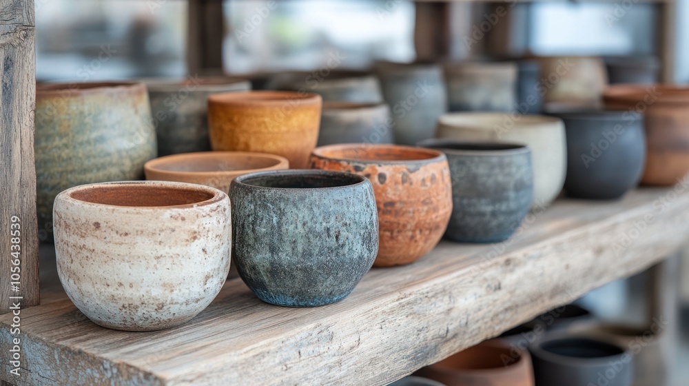 A close-up view of a variety of handmade ceramic pots on a wooden shelf. A close-up view of a variety of handmade ceramic pots on a wooden shelf.