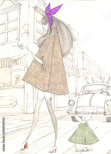 a woman taking a walk with a rabbit