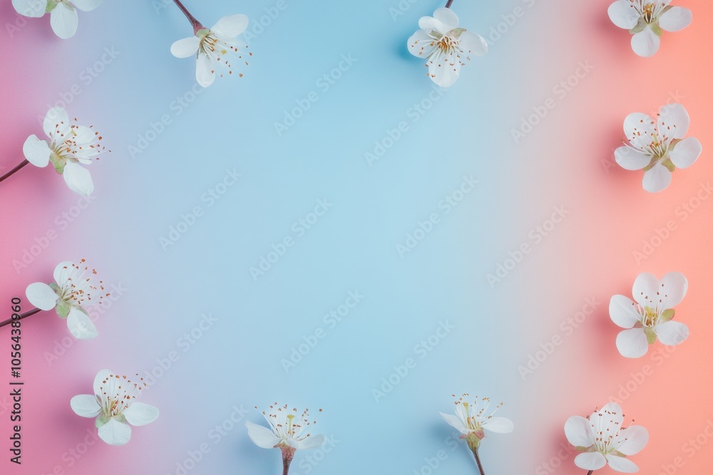 Fototapeta premium Soft pastel background with white flowers arranged symmetrically.