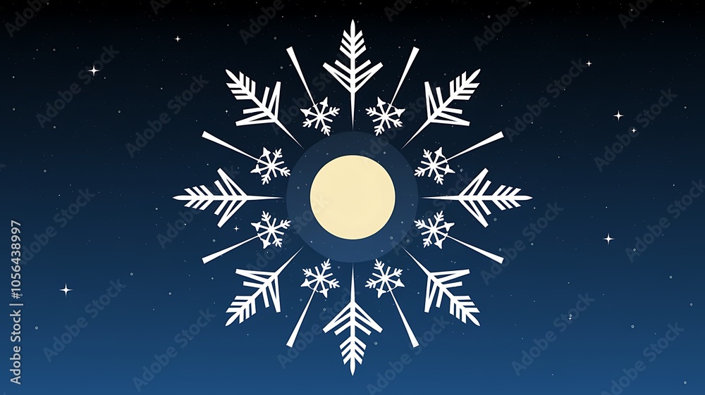 A Full Moon Shining Through a Snowflake Mandala in a Night Sky A Full Moon Shining Through a Snowflake Mandala in a Night Sky