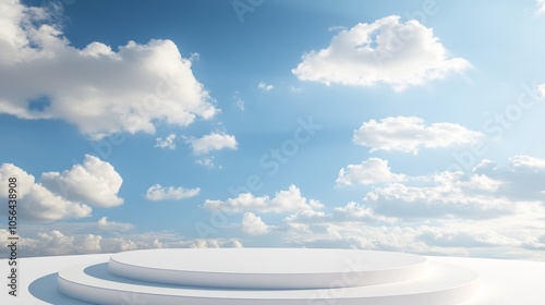 Minimal white podium with a bright blue sky and white clouds generative ai