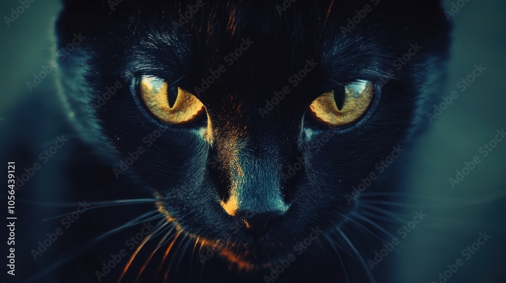 Close-up portrait of a black cat with bright yellow eyes staring intensely at the camera. Close-up portrait of a black cat with bright yellow eyes staring intensely at the camera.